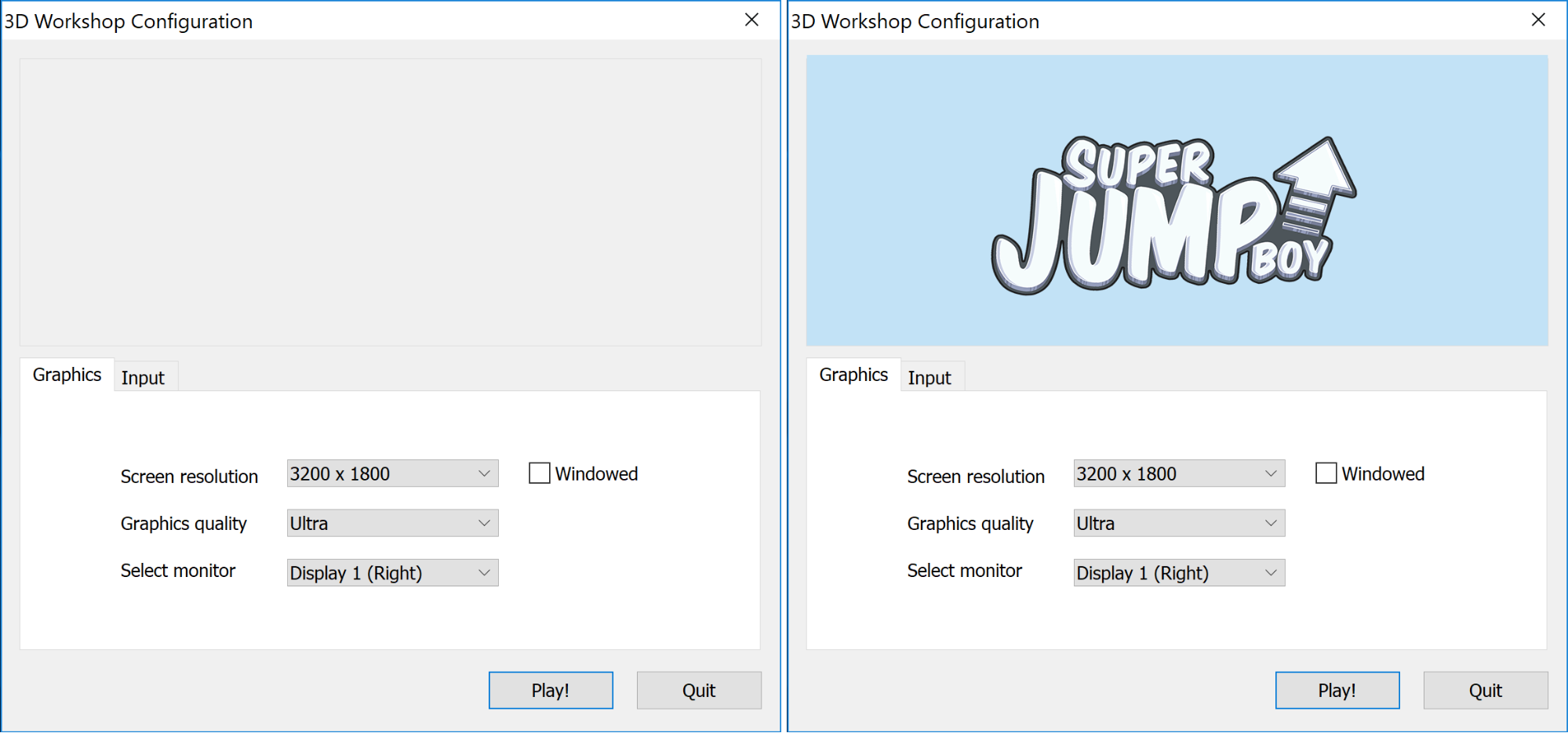 Figure 02: A configuration dialogue box without a Splash image (left) and with a Splash image (right)