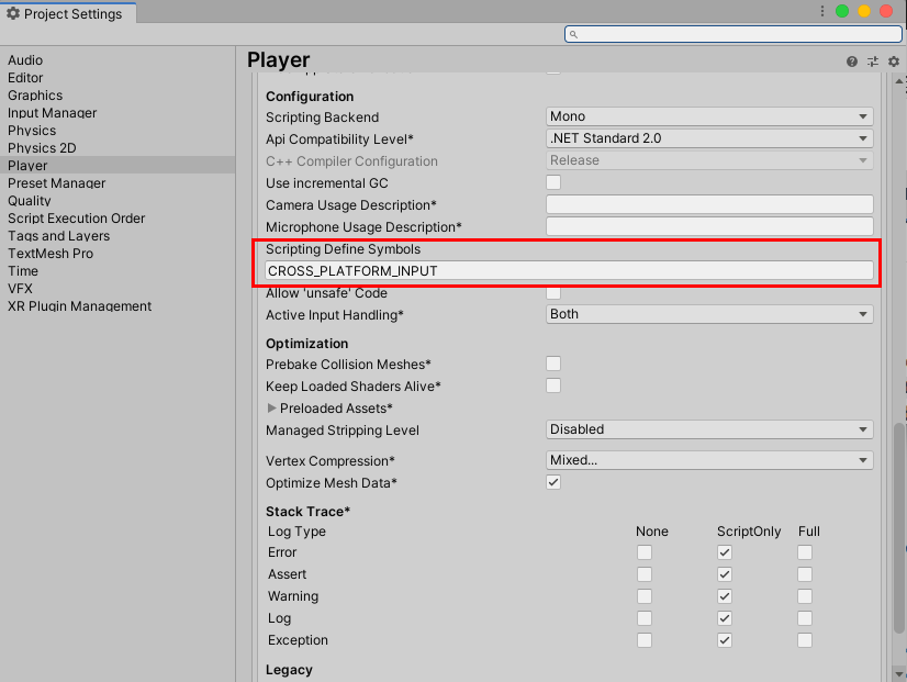 Figure 02: Scripting Define Symbols are defined in Player Settings, under Other Settings.