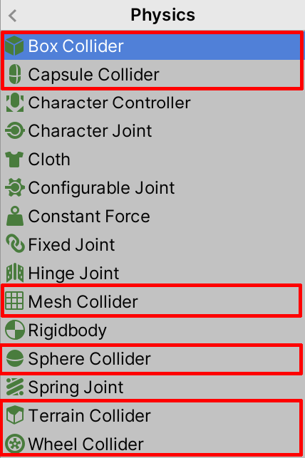 Figure 01: Unity Physics Engine Collider selections