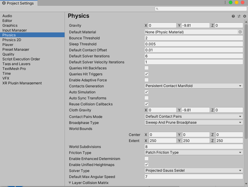 Figure 05: The default settings for the Unity Physics Engine.