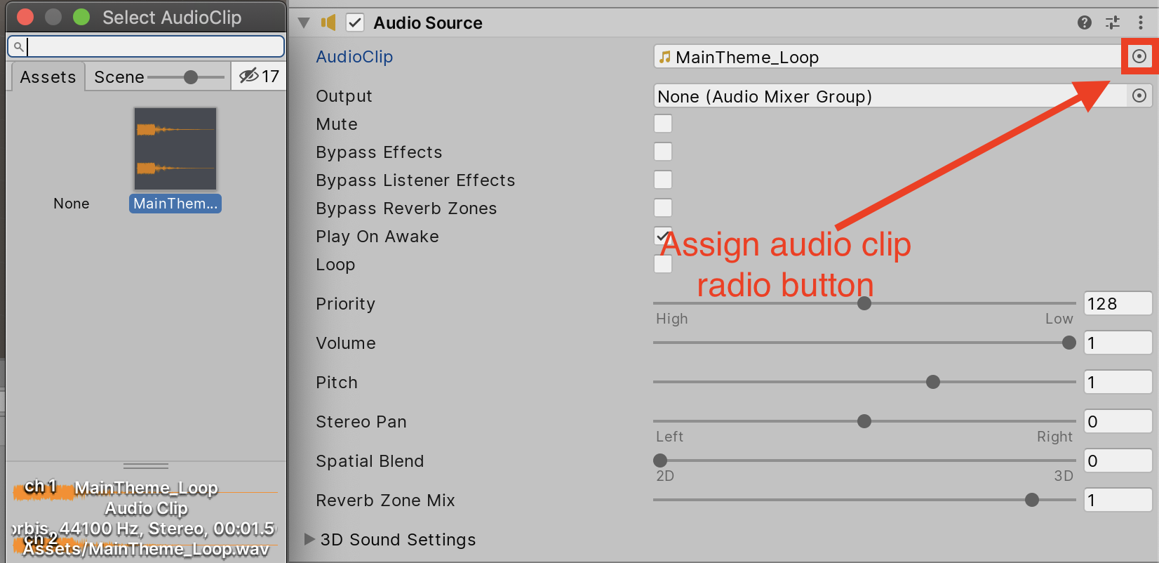 Figure 05: Assign an audio file to the Audio Clip property.