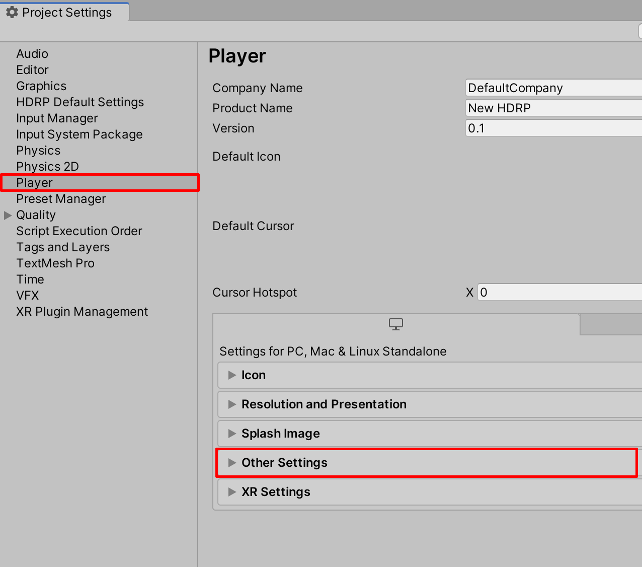 Figure 02: Selecting the Other Settings of Player in the Project Settings Window.