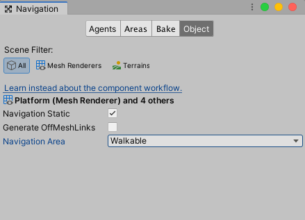 Figure 02: Selected objects are set to Navigation Static and Navigation Area is set to Walkable
