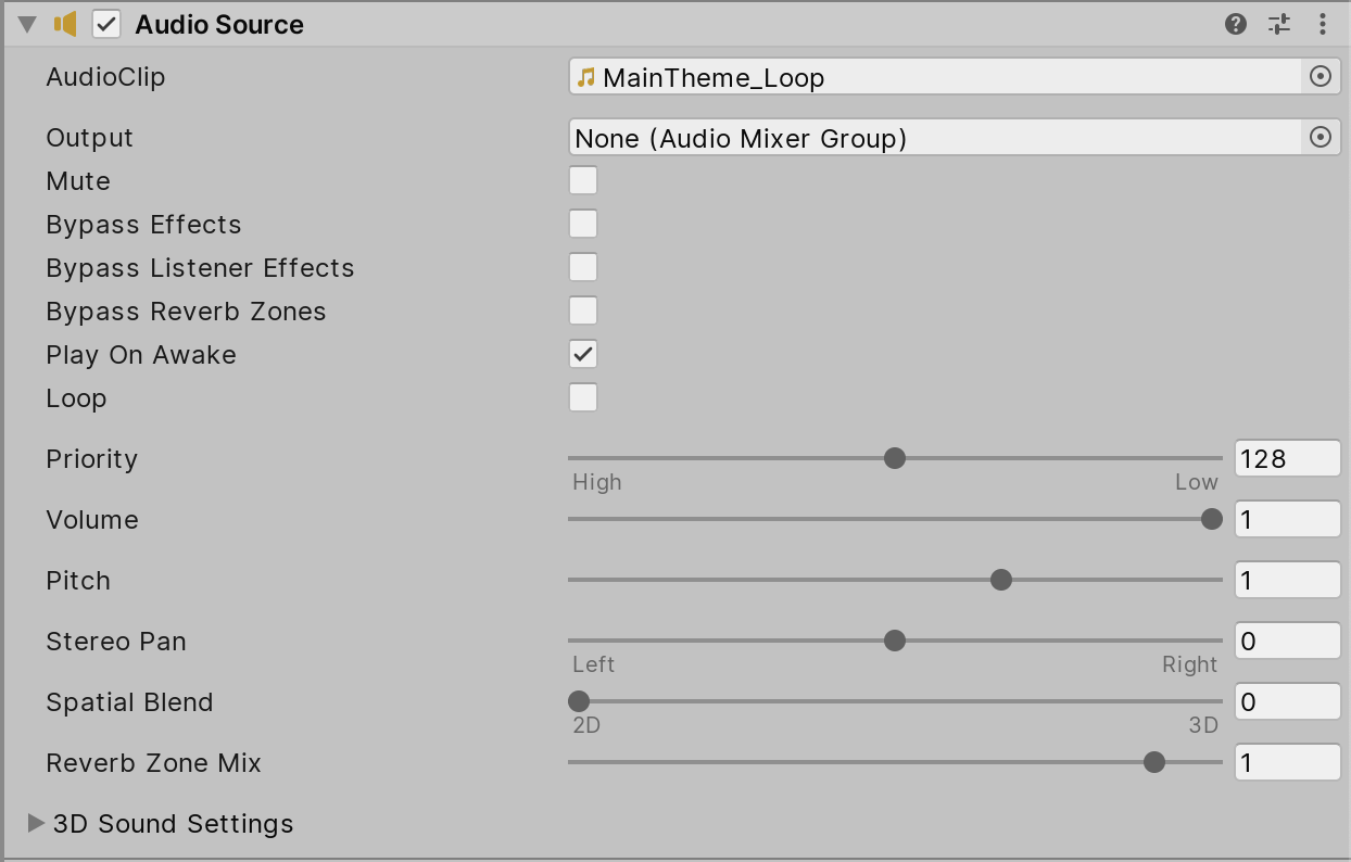 Figure 04: Parameters of the Audio Source in the Inspector panel