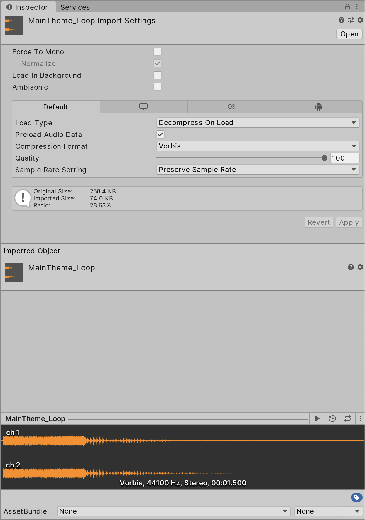 Figure 01: Import settings for an audio clip in the Inspector