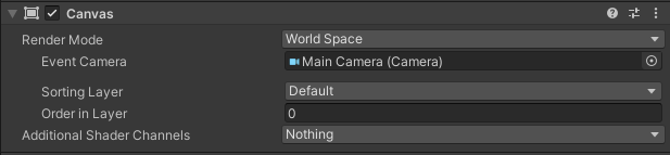Figure 02: Canvas set to World Space Render Mode, with Events triggered through the Main Camera.