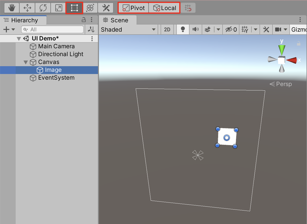 ツールバーの Rect Tool を選択し、Toggle Tool Handle Position and Rotation を Pivot と Local に設定した場合
