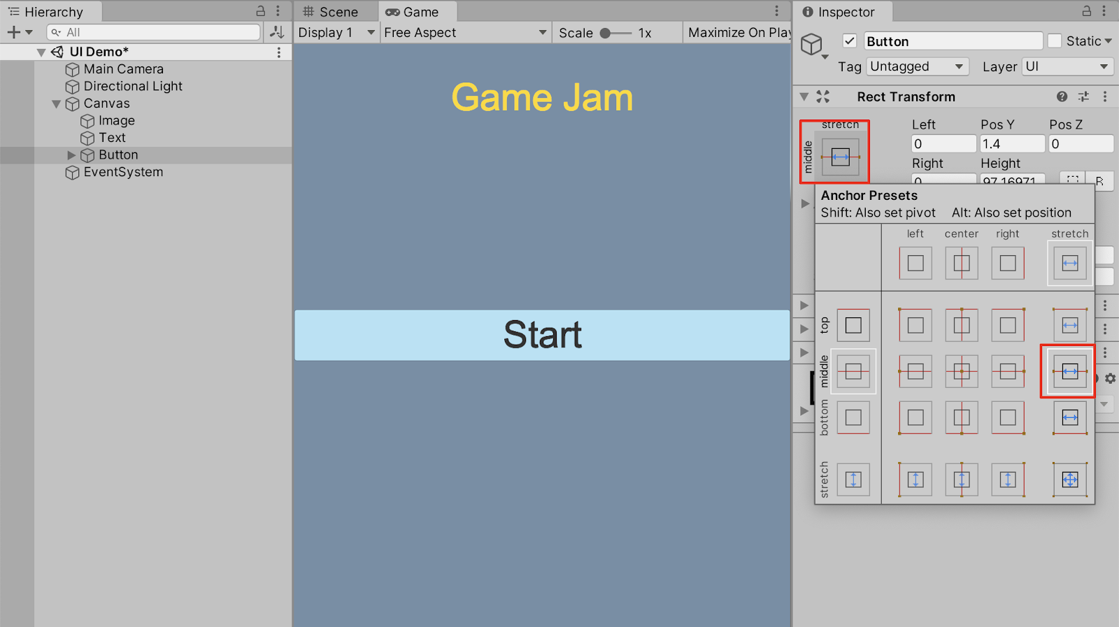 UI Button の Anchor Preset を middle-stretch に設定