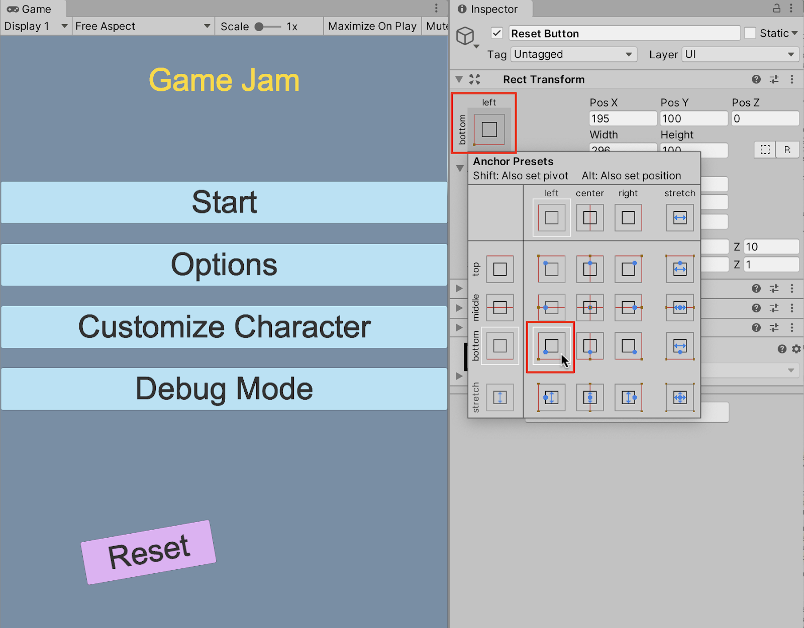 Reset UI Button の Anchor Preset を bottom-left に設定し、Shift キーを押しながら Pivot ポイントも設定する