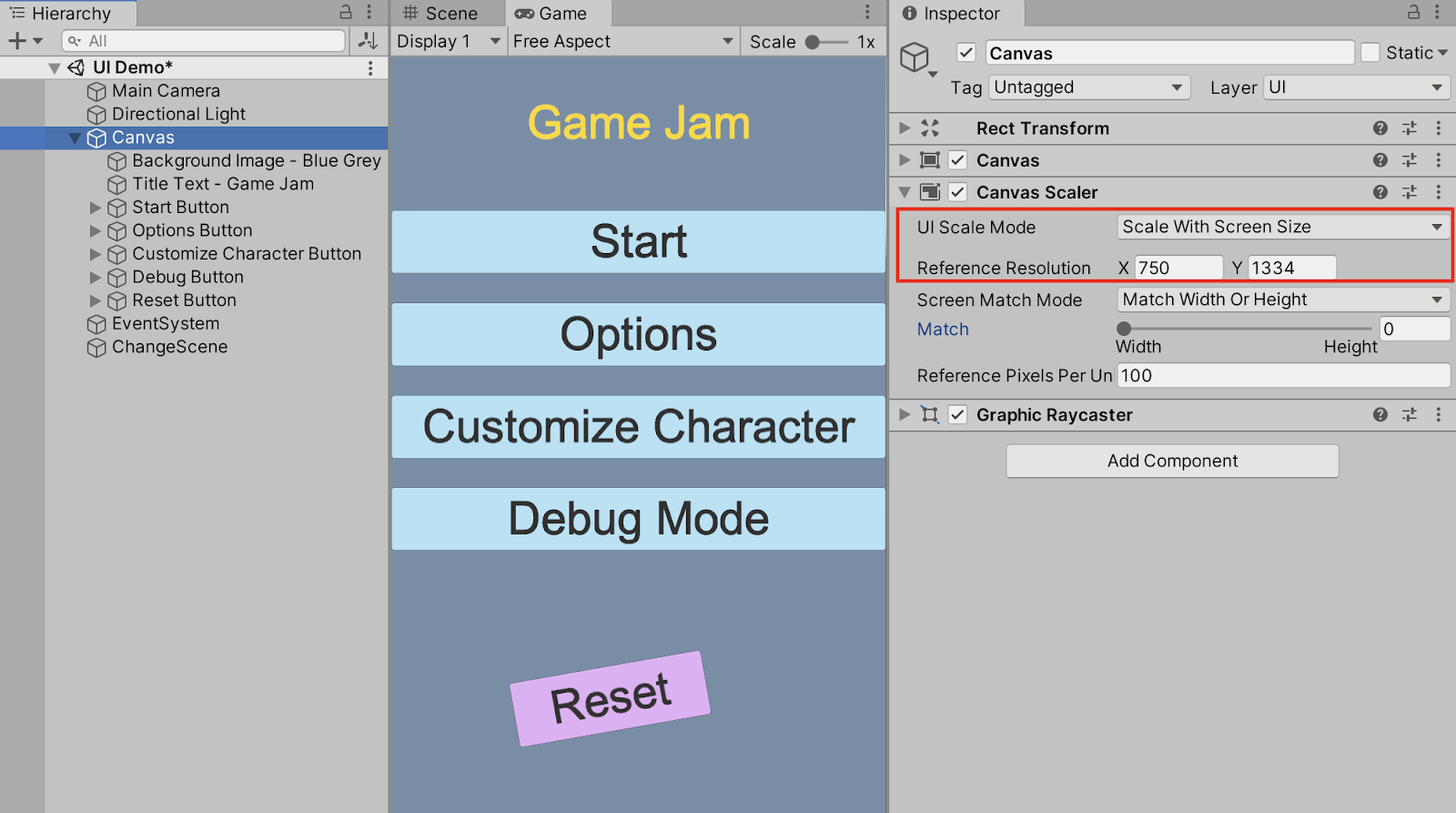UI Scale Mode が Scale With Screen Size に設定されている