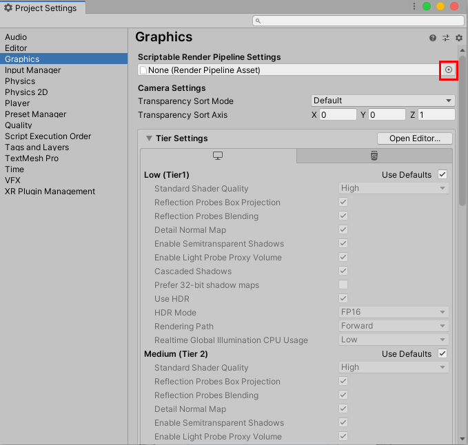 画像 03:HDRenderPipelineAsset を選択する丸いアイコンを有効にする