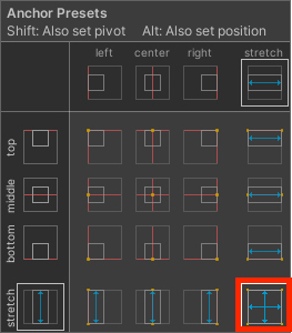 Figure 02: Hold Alt while clicking the bottom-left icon of the Anchor Presets pop-up to set both pivot and position to stretch in both axes.