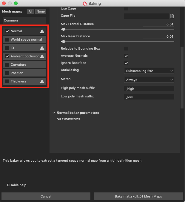 Figure 08: The selected maps to create in the Baking options window