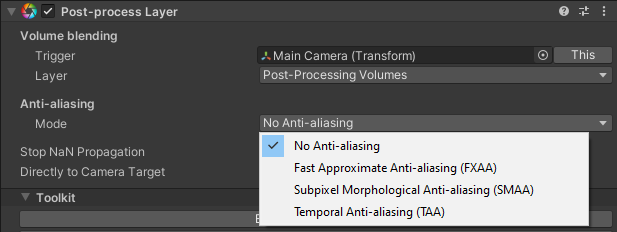 Enabling and selecting a mode of anti-aliasing in the Post-process Layer.