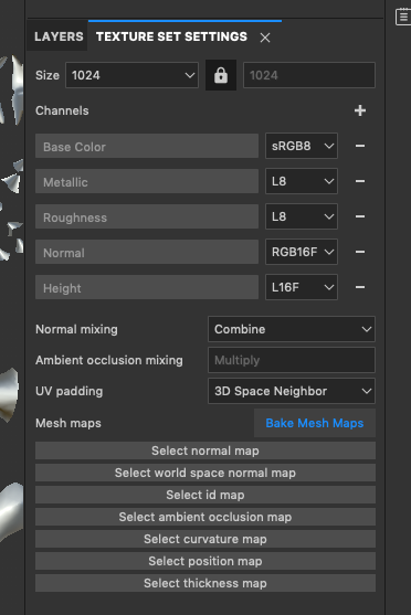 Figure 04: Texture Set Settings, showing the Texture resolution size at the top of the panel