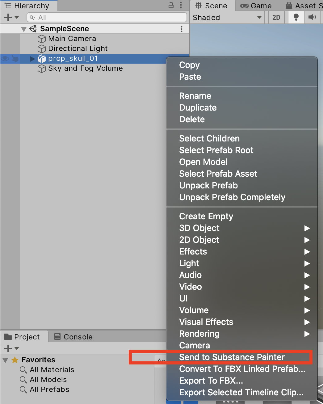 Figure 03: The Send to Substance Painter option when right-clicking on an Asset in the Hierarchy