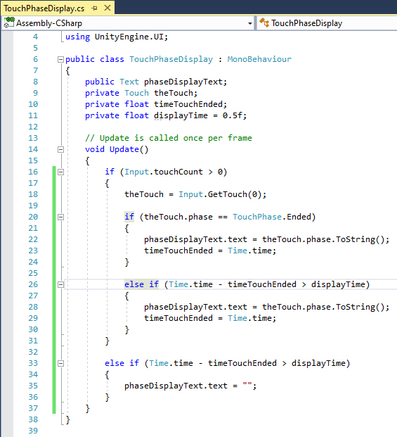 Figure 01: The completed TouchPhaseDisplay script