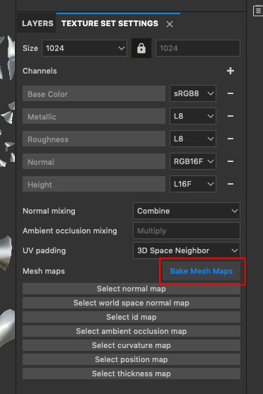 Figure 06: The Bake Mesh Maps button in the Texture Set Settings panel