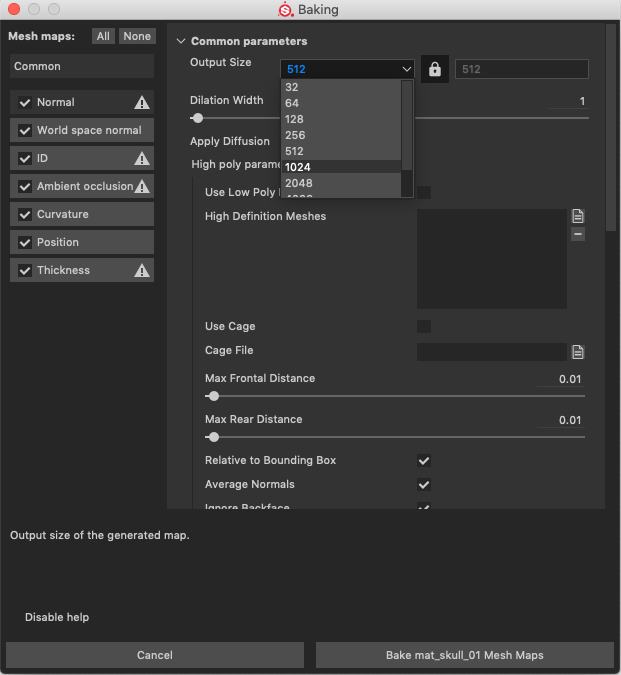 Figure 07: Output Size for the Baked maps in the Baking options window