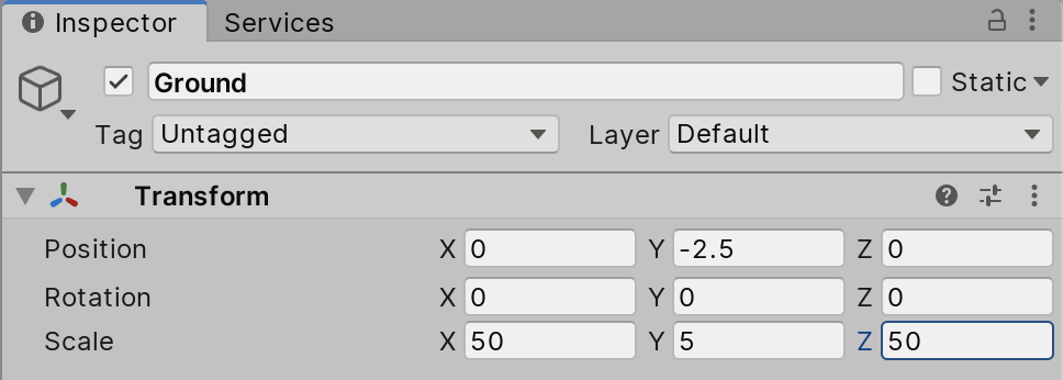 Figure 02: Transform settings for the ground