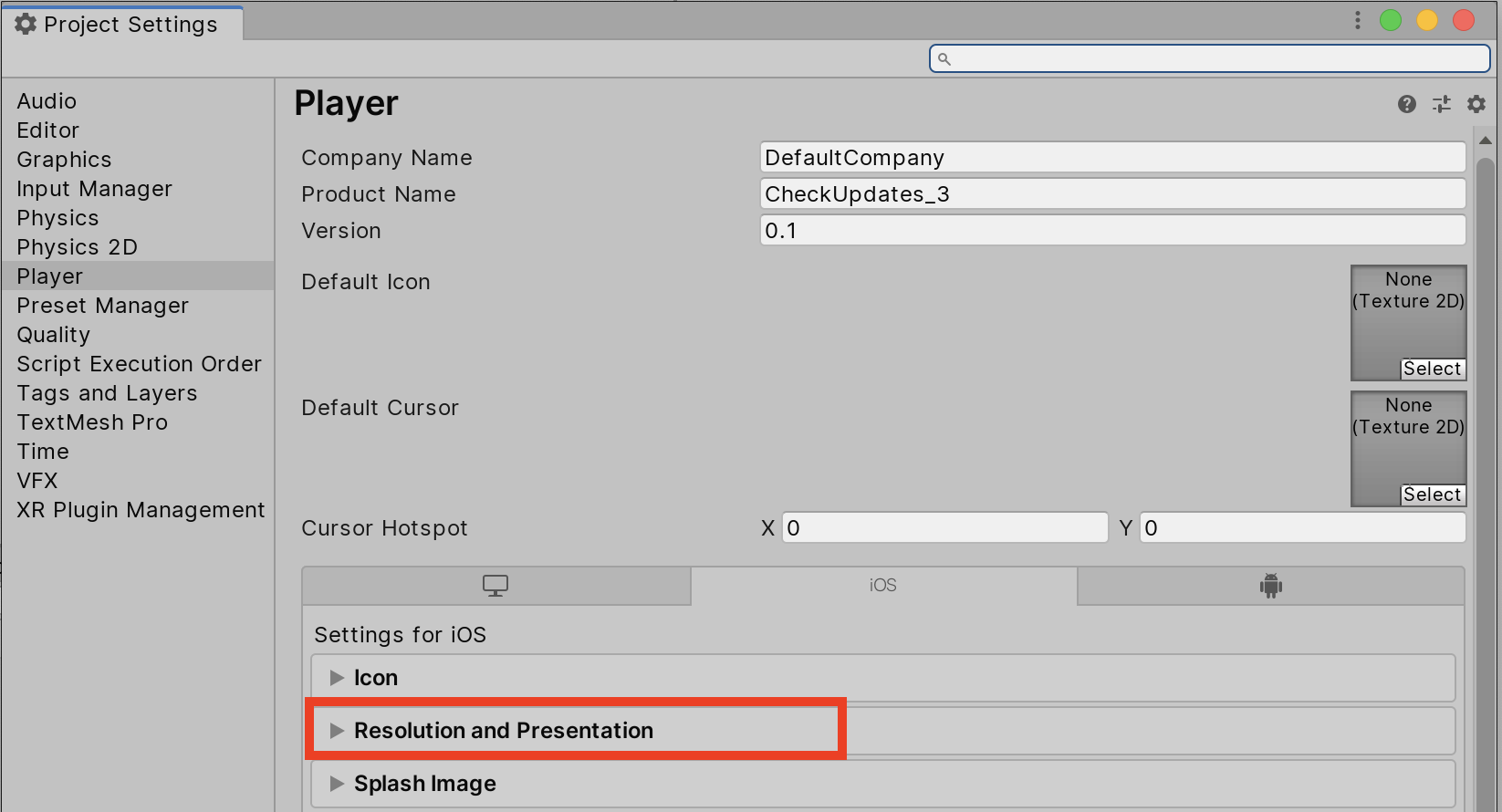 Figure 02: Resolution and Presentation allows you to restrict your game to certain screen orientations as well as screen scaling