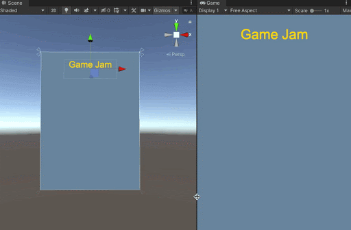 UI Text 要素は、キャンバス画面の中央上部に配置されたままスケールもサイズ変更される