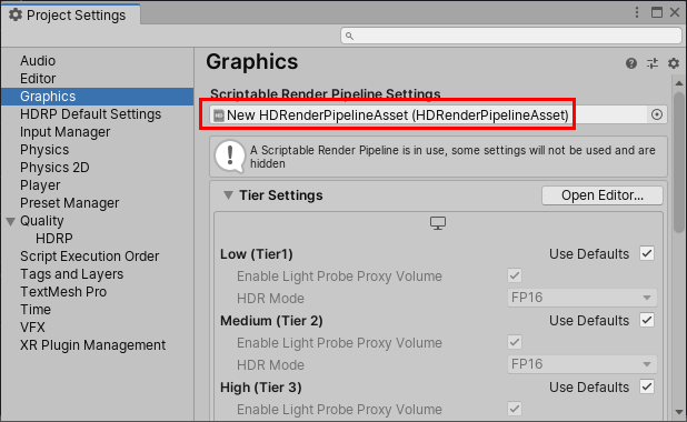 Figure 03: Placing the HDRenderPipelineAsset into the Scriptable Render Pipeline Settings