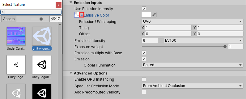 Figure 15: Adding a Texture to the Emissive Color of the Material
