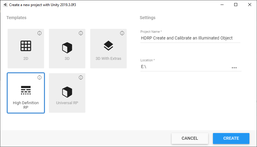 Figure 03: The Create New Project screen displaying the High Definition RP template