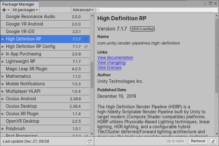 Figure 02: The Package Manager showing the High Definition RP plug-in