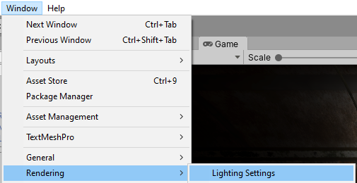 Figure 10: Choosing the Lighting Settings from the Window menu