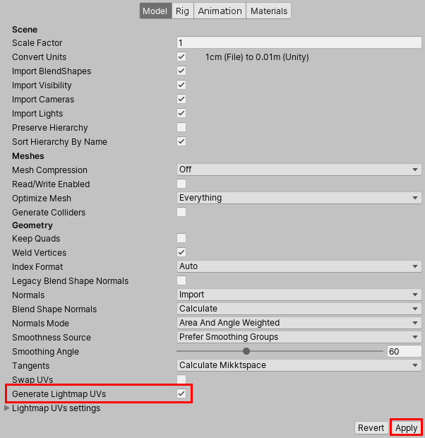 Figure 09: Setting the Model import settings to generate lightmap UVs