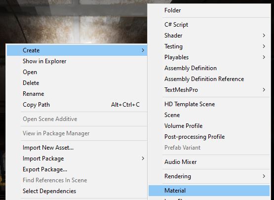 Figure 04: Creating a new Material from the Project window