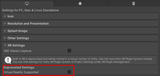 Figure 05: Enabling Virtual Reality support is the same across all currently supported platforms.