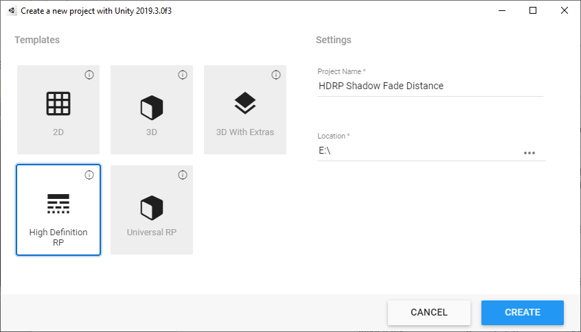 Figure 03: The Create New Project screen in Unity displaying the High Definition RP template