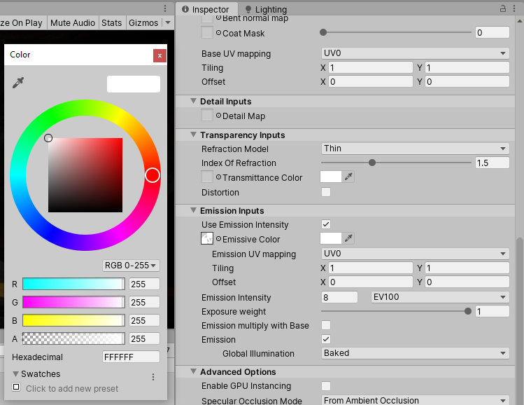 Figure 06: Clicking the Emissive Color chip opens the color picker.