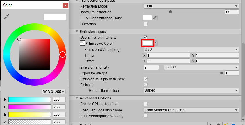 Figure 16: Adjusting the color for the emitted light