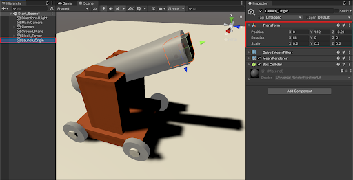 The Launch_Origin’s axes lined up with the cannon