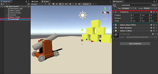 The Cannonball Sphere GameObject’s Transform Position and Scale values