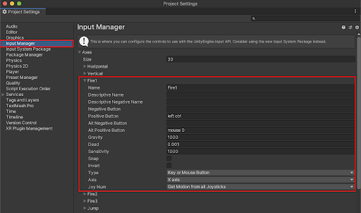 The Input Manager showing the Fire1 command