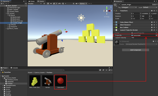 Assigning the Cannonball Prefab into the C# script’s Projectile field