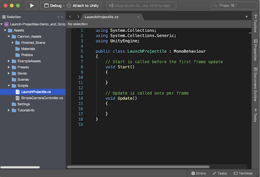 The newly created LaunchProjectile.cs script opened in Visual Studio