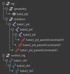 Figure 06: Example of a clean hierarchy in the Outliner with control rig separate from rig