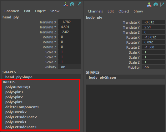 Figure 01: Channel Box before and after deleting history