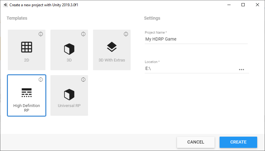 Figure 01: Creating a new project with HDRP