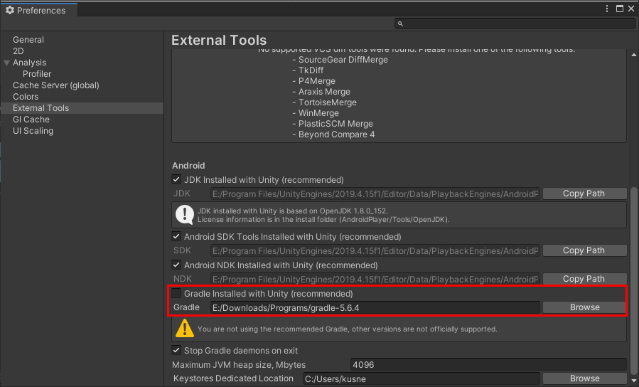 Figure 07: Uncheck Gradle Installed with Unity and set the Gradle location.