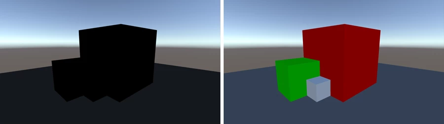 Figure 09: The same scene with no light whatsoever (left) and with only ambient light (right). Notice how the Skybox does not change when changes are made to the Ambient Intensity.
