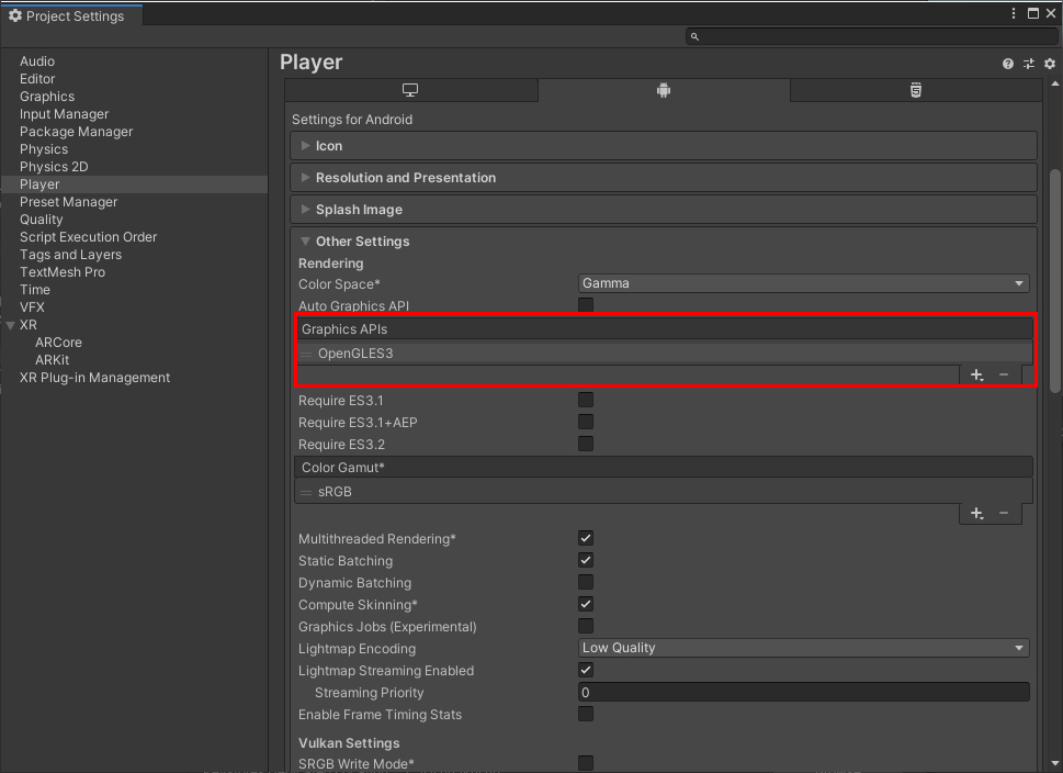 Figure 05: Remove the Vulkan API so you are left with the OpenGLES3 API.