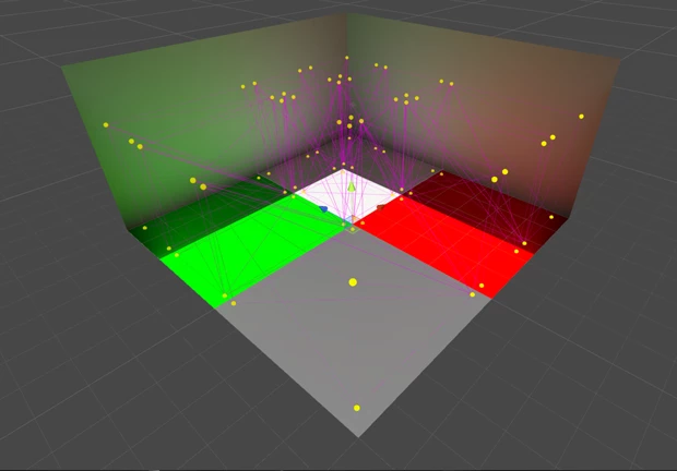 Figure 17: A Scene using Light Probes. Notice how they have been placed in greater density around areas of lighting change, such as shadows or a color transition.