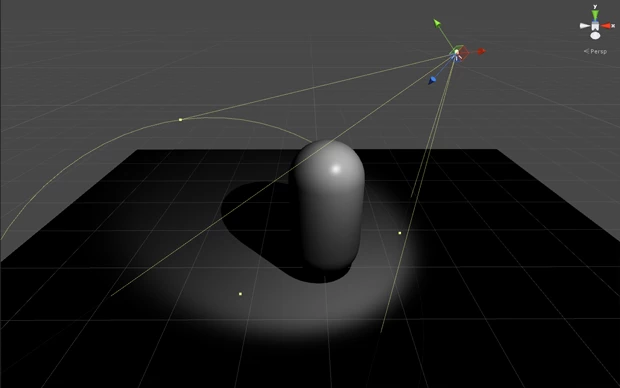 Figure 02: The effect of realtime light alone. Note that shadows are completely black, as there is no bounced light. Only surfaces falling within the cone of the Spotlight are affected.